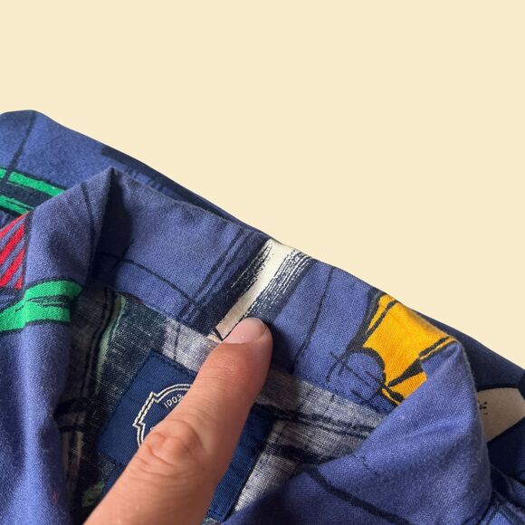 1990s abstract mens shirt, size M vintage 90s blue, red & green short sleeve top - Picture 2 of 10